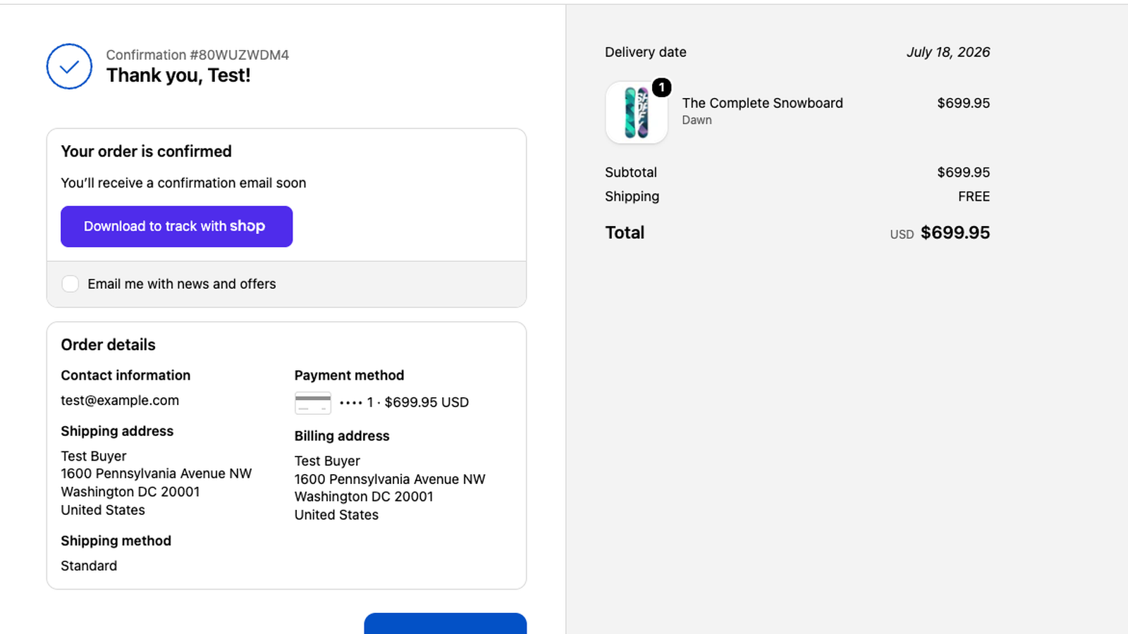 Delivery date shown on the thank-you page